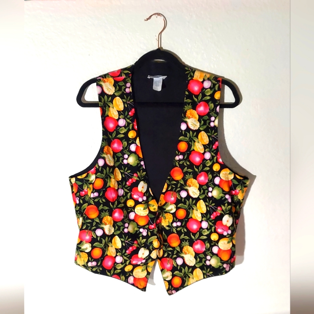 DON'S Group Attire Seattle Vintage Black/Multi Fruit Print  Corduroy Lined Vest
